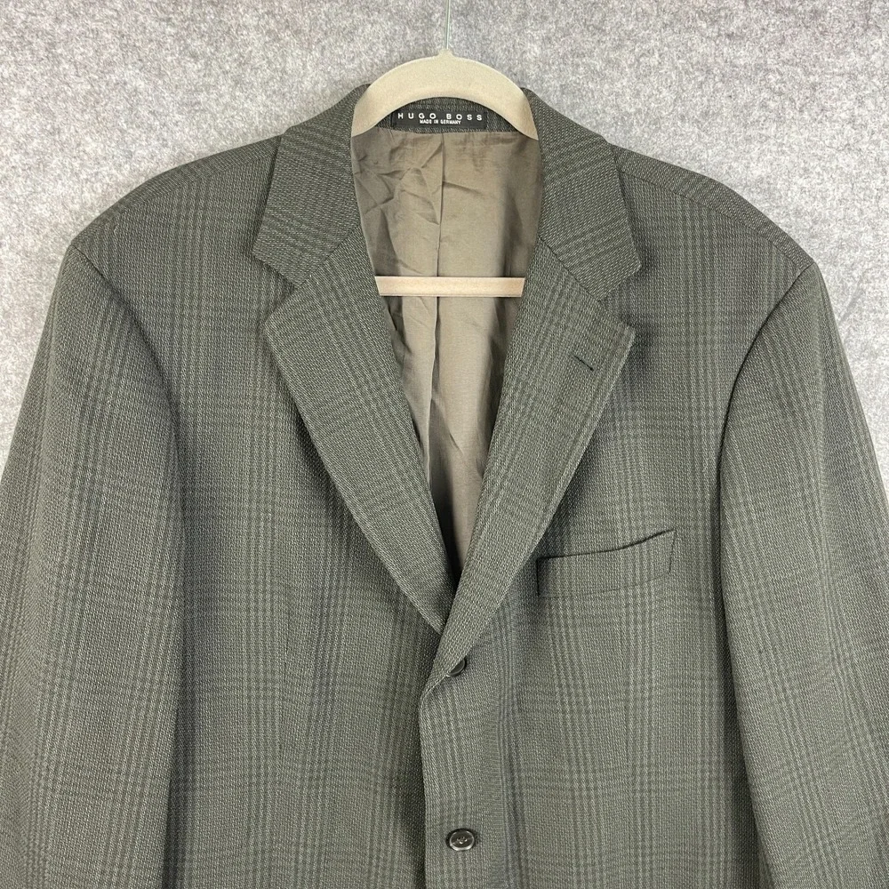 VTG Hugo Boss Blazer Sport Coat Mens 46R Gray Windowpane 3 Button Germany FLAWS